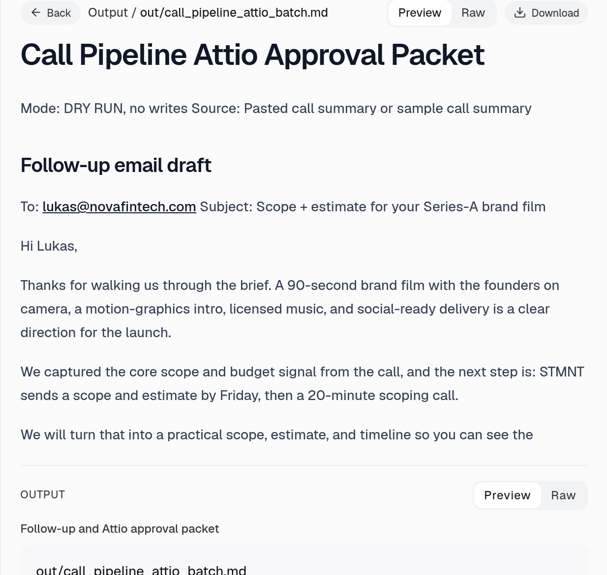 A completed Floom run with a drafted follow-up email